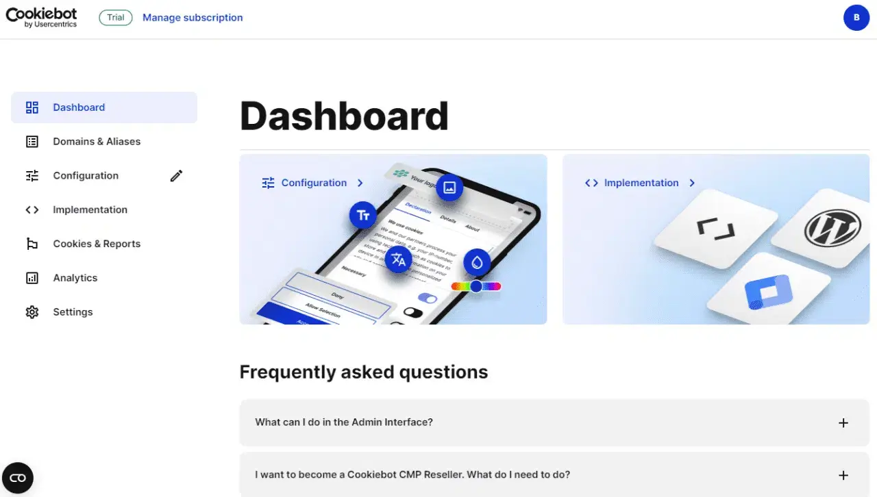 Cookiebot dashboard