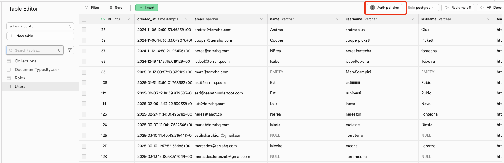 Supabase table with auth policies