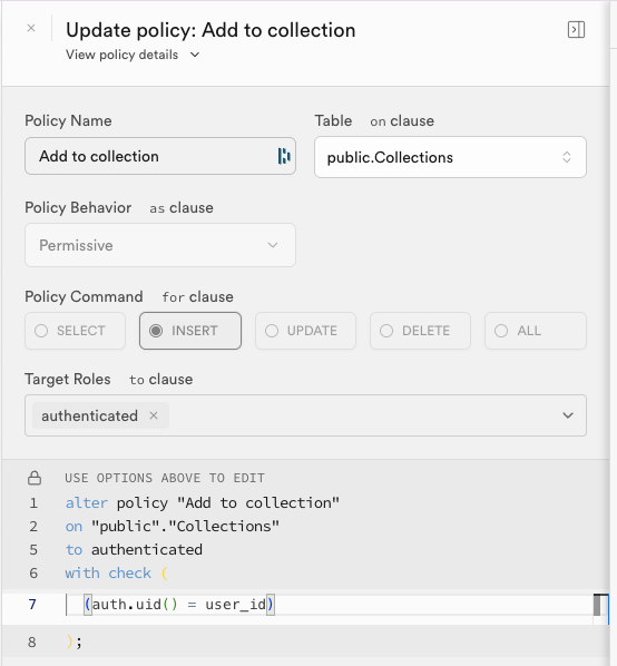 Supabase policy for authenticated users