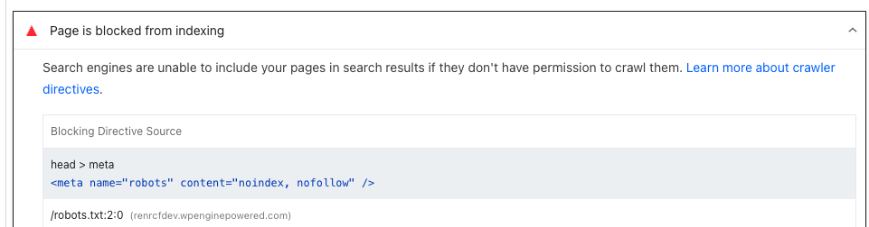 Page is blocked from indexing warning in PageSpeed