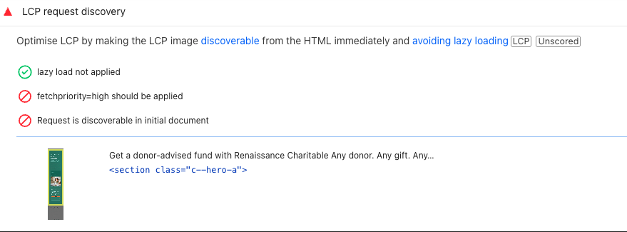 LCP request discovery warning in PageSpeed