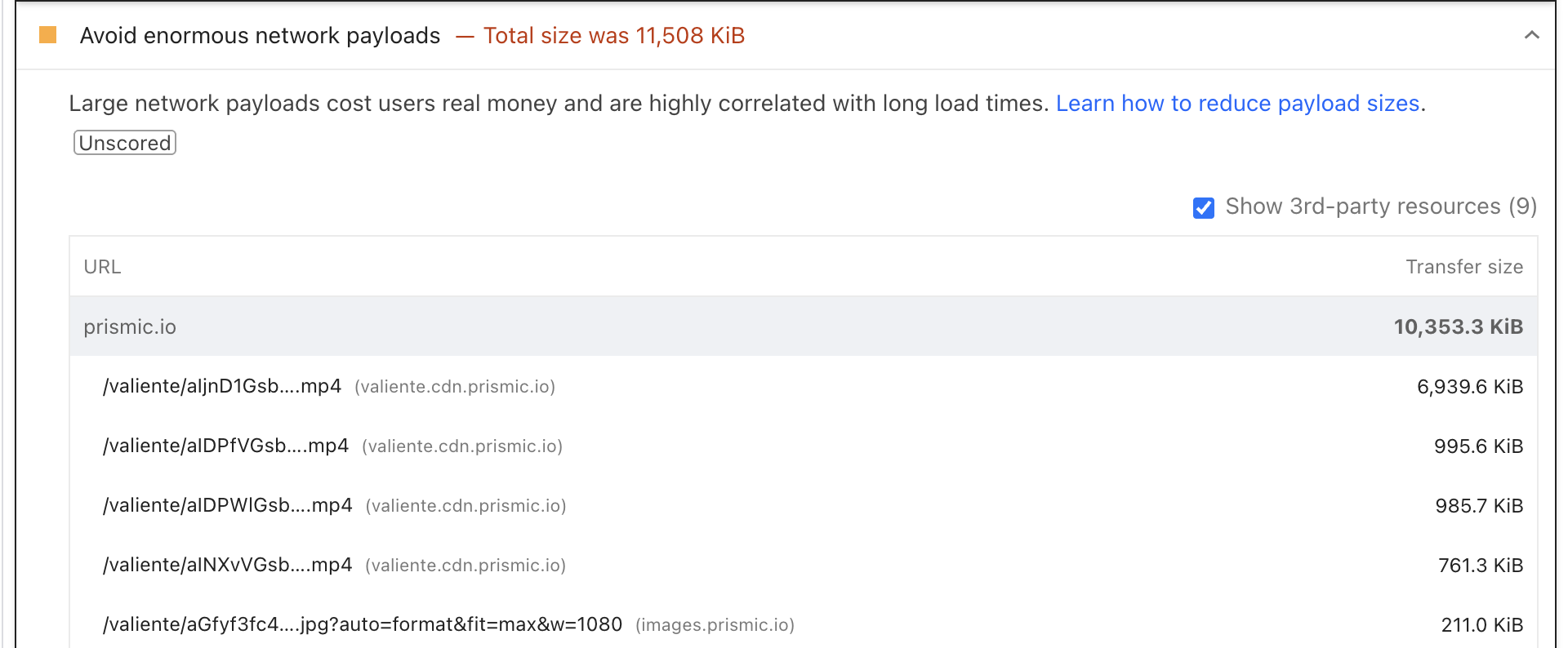 Avoid enormous network payloads warning in PageSpeed